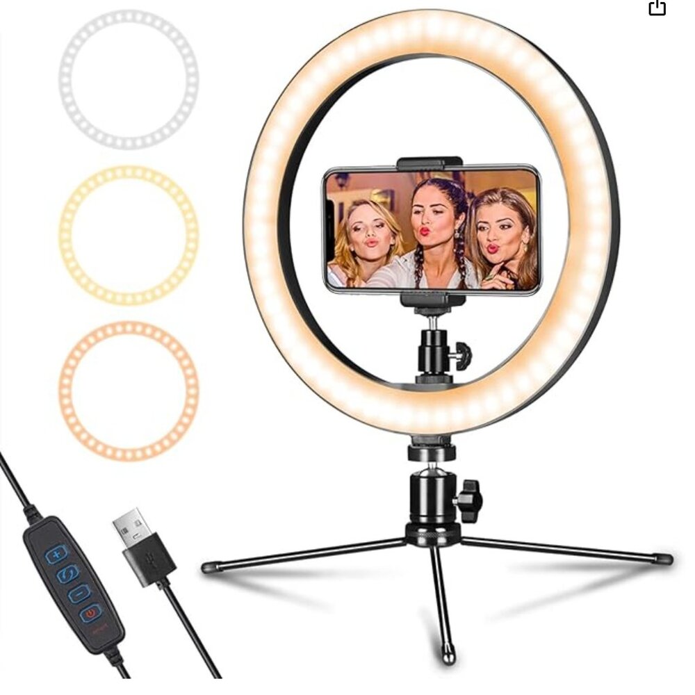 Dimmable Desk Makeup LED Ring Light 10"